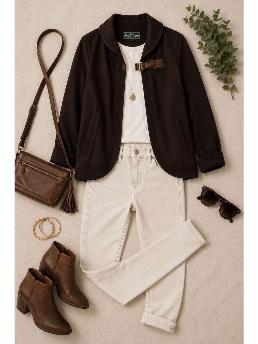 Lauren Ralph Lauren L-RL Active Brown Buckle Front Jacket Cardigan Size Medium